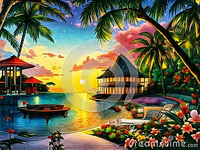 Beautiful sunset painting with boats, rivers, houses and trees. Stock Photo