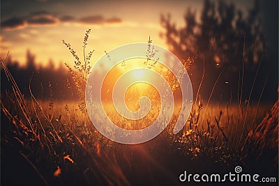 Beautiful sunset in a pretty meadow, strong sunlight colors in nature Stock Photo