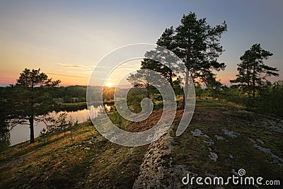 Beautiful sunset rays of sun with clear nordic nature, pine trees on rock in North Europe, Baltic sea, gulf of Finland Stock Photo