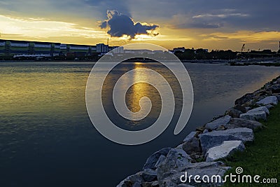 Beautiful sunset at the reservoir Stock Photo