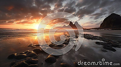 Beautiful sunset at Reynisfjara Beach, Vik, Iceland Cartoon Illustration