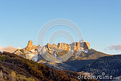 Beautiful sunset scenary at Chimney rock/Courthouse in fall/autumn, Colorado Stock Photo