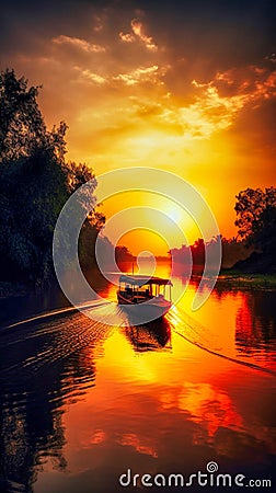 Beautiful sunset scenery on river a boat roaming, Generative AI Stock Photo