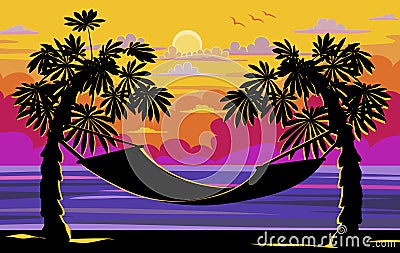 Beautiful Sunset, Sunrise with Palm Trees and hammock, relaxing concept, Vector Illustration