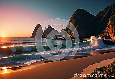 Beautiful sunset on a tropical beach with clouds, concept of beach holidays on islands and tropical resorts, Cartoon Illustration