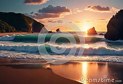 Beautiful sunset on a tropical beach with clouds, concept of beach holidays on islands and tropical resorts, Cartoon Illustration