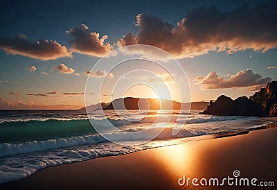 Beautiful sunset on a tropical beach with clouds, concept of beach holidays on islands and tropical resorts, Cartoon Illustration