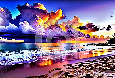 Beautiful sunset on a tropical beach with clouds, concept of beach holidays on islands and tropical resorts, Cartoon Illustration