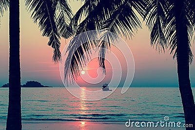 Beautiful sunset on a tropical beach, palm trees silhouettes. Stock Photo