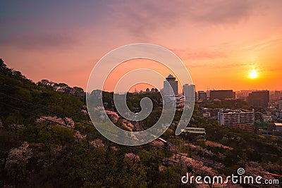 Beautiful sunset view of seoul town from cable car. Stock Photo