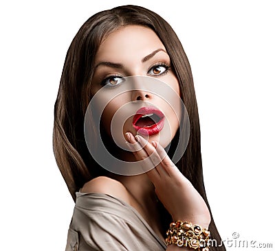 Beautiful Surprised Brunette Girl Stock Photo