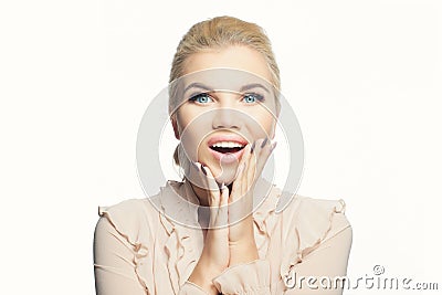 Beautiful surprised woman portrait. Positive emotion. Expressive facial expression Stock Photo