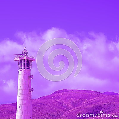 Beautiful surreal travel landscape lighthouse and volcanoes. Canary island. Velvet violet trends Stock Photo