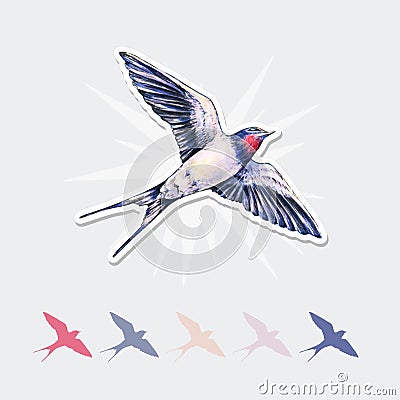 Beautiful swallow sticker. Watercolor illustration. Spring bird brings love. Handwork Vector Illustration