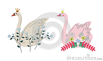 Beautiful Swan Princess with Golden Crown and Flower Decoration Vector Set Vector Illustration