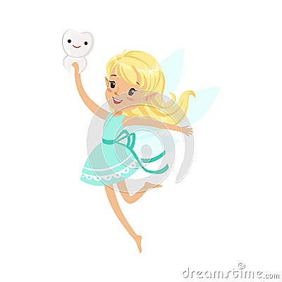 Beautiful sweet blonde Tooth Fairy girl flying and holding smiling tooth colorful cartoon character vector Illustration Vector Illustration