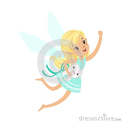 Beautiful sweet blonde Tooth Fairy girl flying with smiling tooth colorful cartoon character vector Illustration Vector Illustration