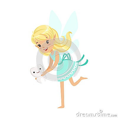 Beautiful sweet blonde Tooth Fairy girl holding smiling tooth colorful cartoon character vector Illustration Vector Illustration