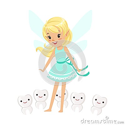 Beautiful sweet blonde Tooth Fairy girl standing surrounded by smiling teeth colorful cartoon character vector Vector Illustration