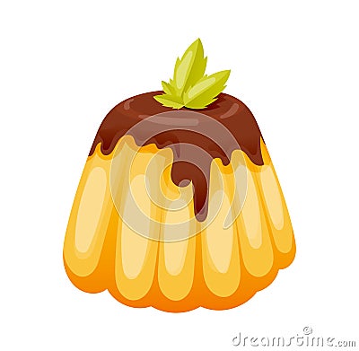 Beautiful sweet cake, decorated with chocolate cream, mint, as dessert. Vector Illustration