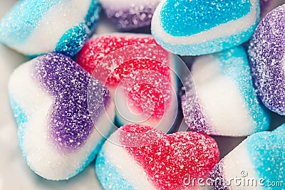 Beautiful sweet hearts, blue, red and white colorful marmalade candies Stock Photo