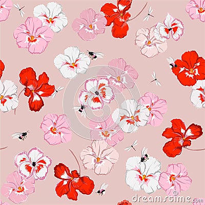 Beautiful sweet pansy flower seamless pattern in vector with dragonfly and bumble bess ,Design for fashion,fabric,web,wallpaper, Vector Illustration