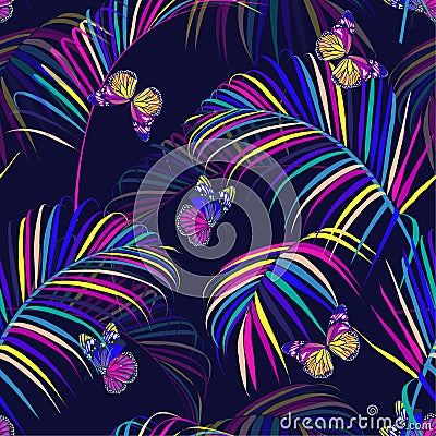 Beautiful sweet rainbow colorful tropical and palm leaves in the night with butterflies flying seamless pattern vector design for Stock Photo