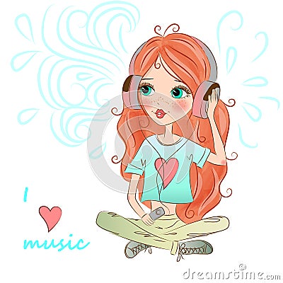Beautiful, sweet red-haired girl with freckles. Vector Illustration