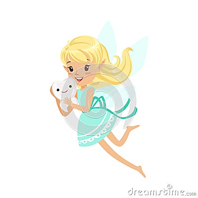 Beautiful sweet smiling blonde Tooth Fairy girl flying and holding tooth colorful cartoon character vector Illustration Vector Illustration