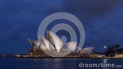 The beautiful Sydney Opera House lit by the blue hour light, Australia Editorial Stock Photo