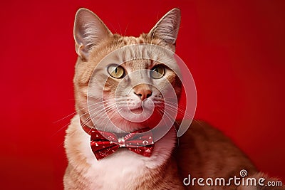 Beautiful tabby cat wearing a red bow tie on a red background. Stock Photo