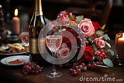 A beautiful table arrangement featuring wine glasses, candles, and a radiant rose Stock Photo