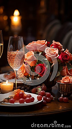 A beautiful table arrangement featuring wine glasses, candles, and a radiant rose Stock Photo