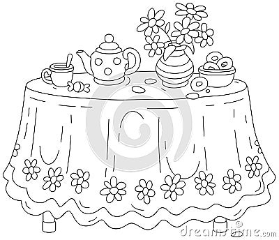 Round table with a tea set and flowers Vector Illustration