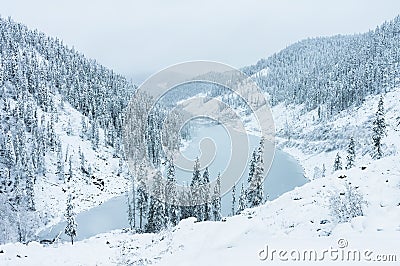 Beautiful taiga hills on Far East of Russia in early october. Taiga in winter. Beautiful nature. Snowy weather. Stock Photo