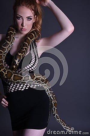 Beautiful, Tall, Slim, Busty Redhead Model in a sexy, black, mesh Dress, posing with a Snake Stock Photo