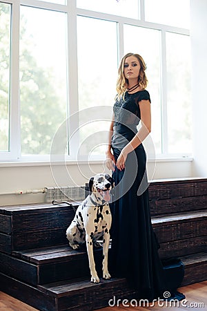 Beautiful tall girl in black dress with dog Dalmatian in studio Stock Photo