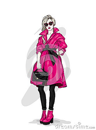 Beautiful, tall and slender girl in a stylish coat, trousers, glasses, with glasses. Stylish woman in high-heeled shoes. Vector Illustration