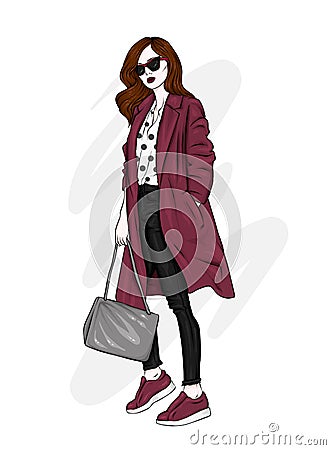 Beautiful, tall and slender girl in a stylish coat, trousers, and glasses. Stylish woman in high-heeled shoes. Fashion & Style. Vector Illustration