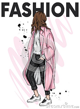 Beautiful, tall and slender girl in a stylish coat, trousers. Stylish woman in shoes. Fashion & Style. Vector illustration. Vector Illustration