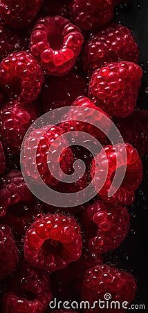 Beautiful tasty red raspberries background. Generative Ai Stock Photo