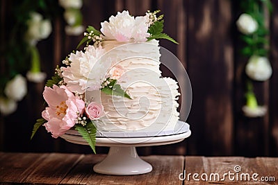 beautiful tasty wedding cake docorated with flowers Stock Photo