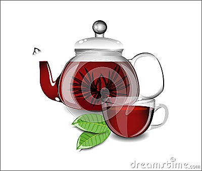 Beautiful teapot and cup with black tea Vector Illustration
