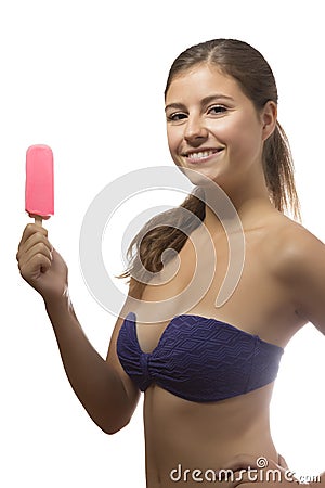 Beautiful teenage girl portrait holding ice cream popsicle Stock Photo