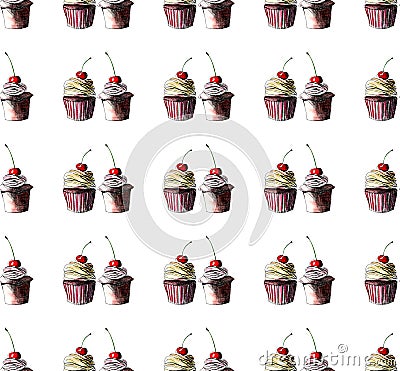 Beautiful tender bright graphic delicious tasty chocolate yummy summer dessert cupcakes with red cherry strawberry pattern Cartoon Illustration