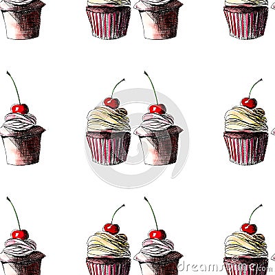 Beautiful tender bright graphic delicious tasty chocolate yummy summer dessert cupcakes with red cherry strawberry pattern Cartoon Illustration