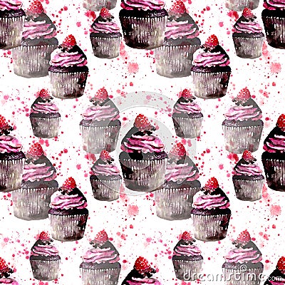 Beautiful tender bright graphic delicious tasty chocolate yummy summer dessert cupcakes with red raspberry on red spray pattern Stock Photo