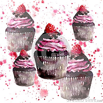 Beautiful tender bright graphic delicious tasty chocolate yummy summer dessert cupcakes with red raspberry on red spray Cartoon Illustration