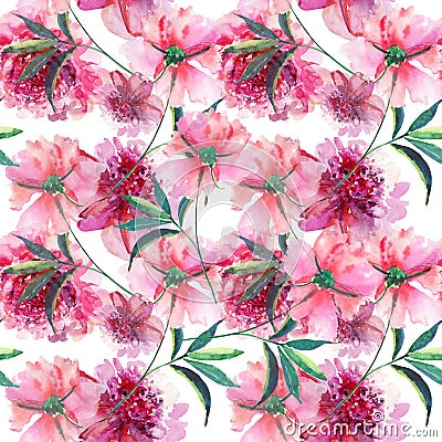 Beautiful tender gentle wonderful lovely cute spring floral herbal peonies with green leaves pattern watercolor hand sketch Stock Photo