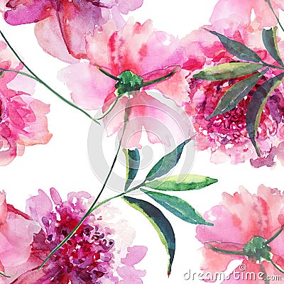 Beautiful tender gentle wonderful lovely cute spring floral herbal peonies with green leaves pattern watercolor hand sketch Stock Photo